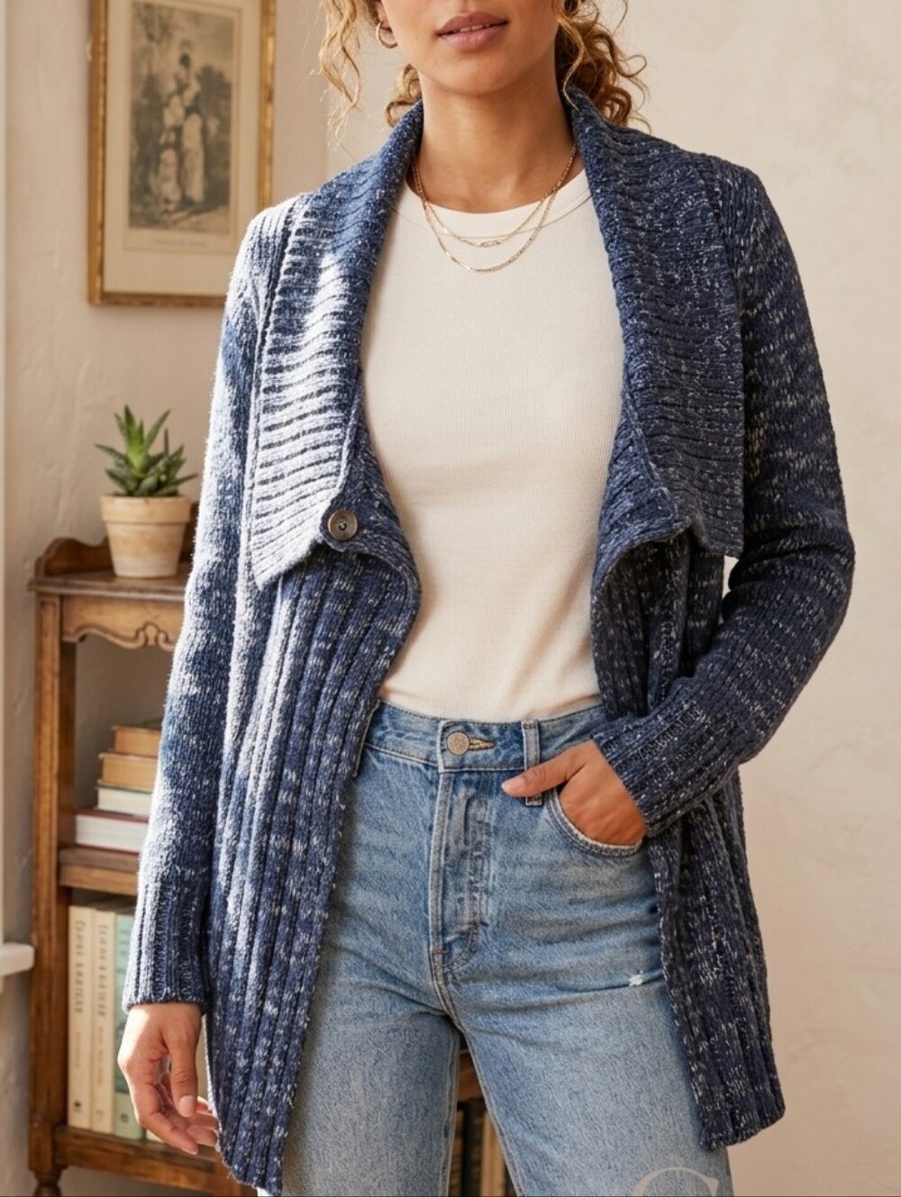 Anthropologie Blue Multi-Color Knit Shawl Collar Cardigan - Size Medium